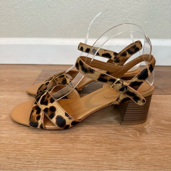 J. Crew Leopard Calf Hair Strap Chunky Heeled Sandals, Size 8.5 - Picture 4 of 11